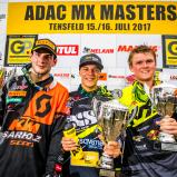 ADAC MX Masters, Tensfeld, Siegerehrung, v.l.n.r.: Dennis Ullrich ( Deutschland / KTM / KTM Sarholz Racing Team ), Henry Jacobi ( Deutschland / Husqvarna / STC Racing ) und Jonathan Bengtsson ( Schweden / KTM / Team Glasakuten )
